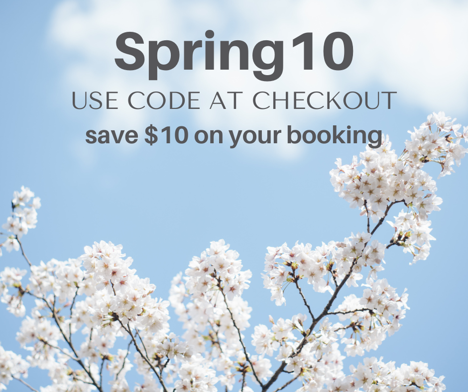 Blue White Minimalist Photo Flowers Hello Spring Facebook Post Bounce House and Water Slide Rentals